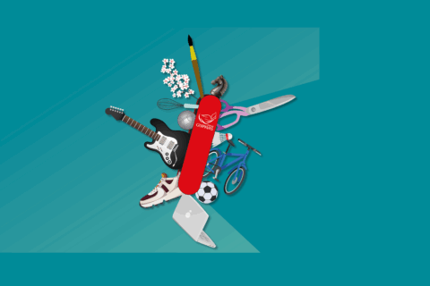 Affiche du Forum des associations 2025 de Guipavas : un couteau suisse comprenant différents outils et objets représentant les différentes associations de la ville