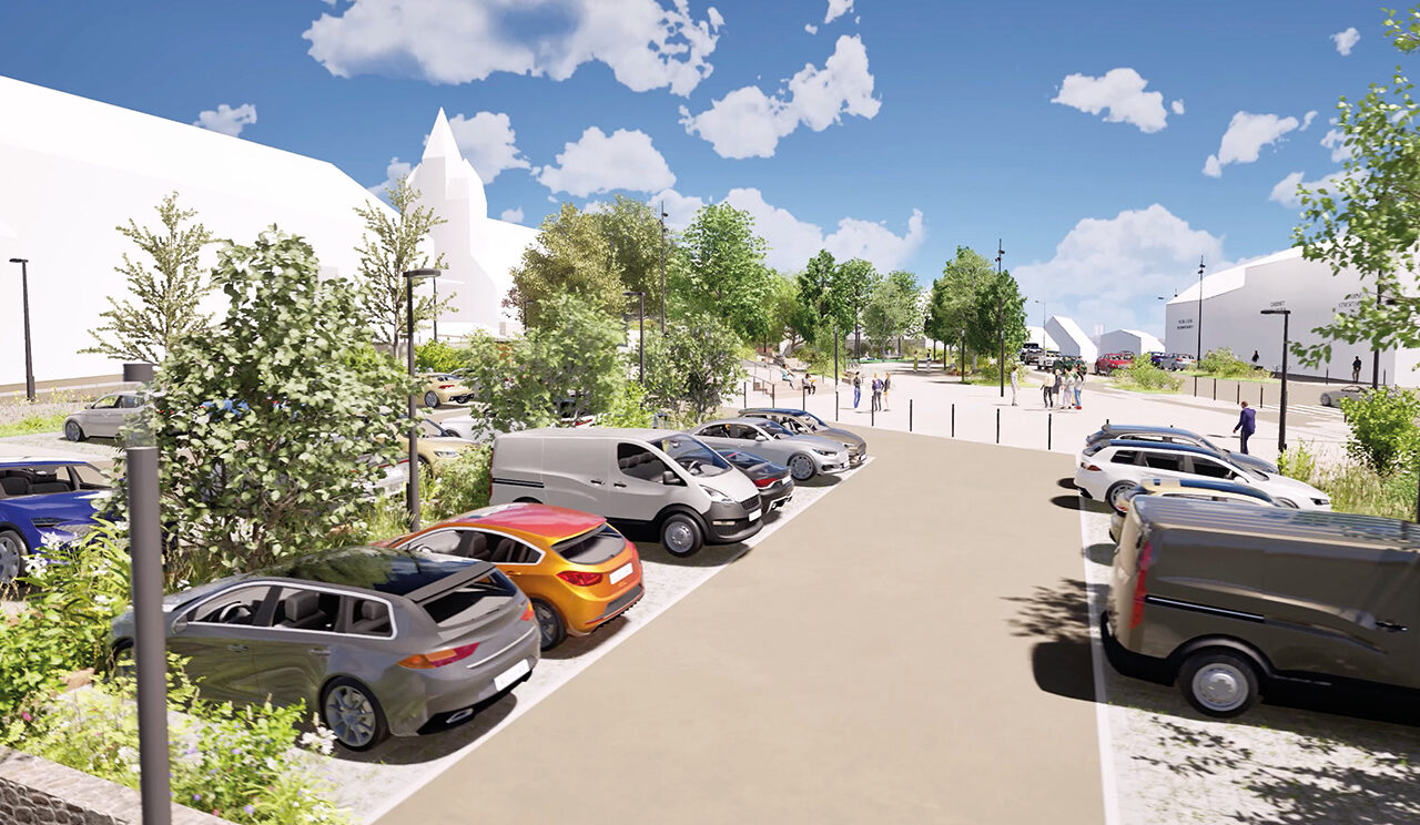 Une vidéo 3D qui donne un aperçu du centre-ville de Guipavas après la fin des travaux de réaménagement du centre-ville.