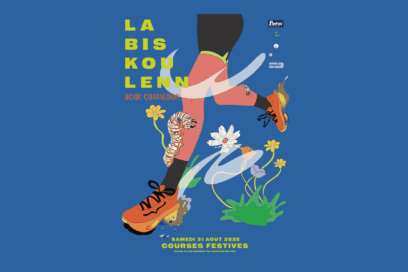 affiche de la course LA BISKOULENN organisée par l'association ACDC de guipavas. Le visuel représente les jambes d'un coureur. Autour de lui, des fleurs au sol et une chenille qui grimpe sur sa jambe. - Agrandir l'image, fenêtre modale
