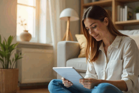 Jeune femme assise par terre dans son salon. Elle tient dans ses mains une tablette de type IPad. L'ambiance est cosy.