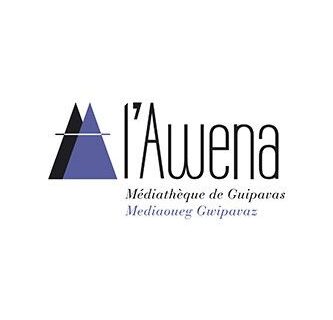 Logo de la médiathèque L'Awena à Guipavas. Deux triangle violet et noir se superposent à gauche du nom de la médaithèque.