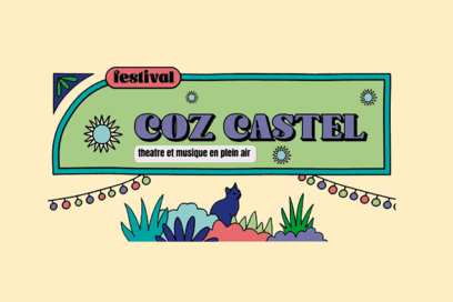 Affiche de la fête de Coz Castel à Guipavas: visuel très coloré, jaune, vert, violet et rose. esprit guinguette - Agrandir l'image, fenêtre modale