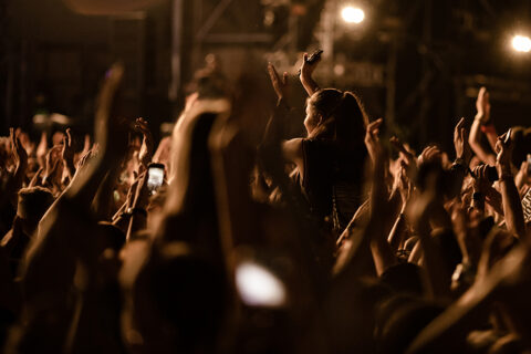 Ambiance de concert, de nuit. Les personnes ont les mains levées et applauddisent.